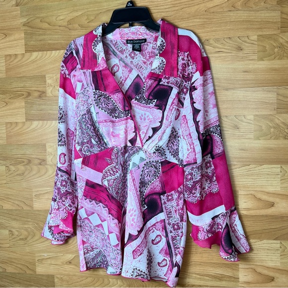 blue Diamond Tops - Blue Diamond XL Sheer Surplice Peplum Style Top with Bell Sleeves Pink &…